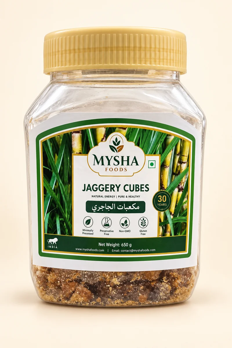 Mysha Jaggery Cubes 650 g jar with beige lid