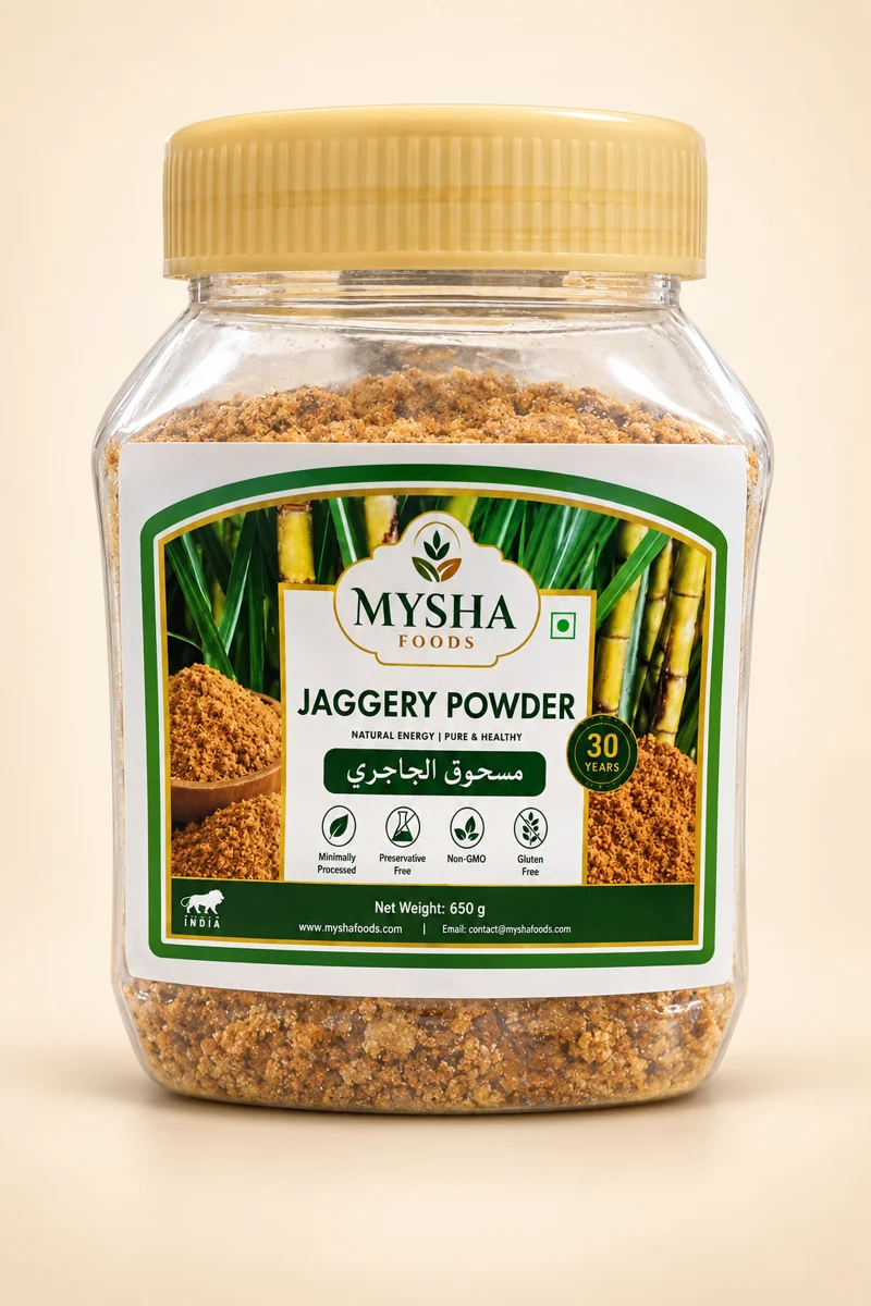 Mysha Jaggery Powder 650 g jar with beige lid